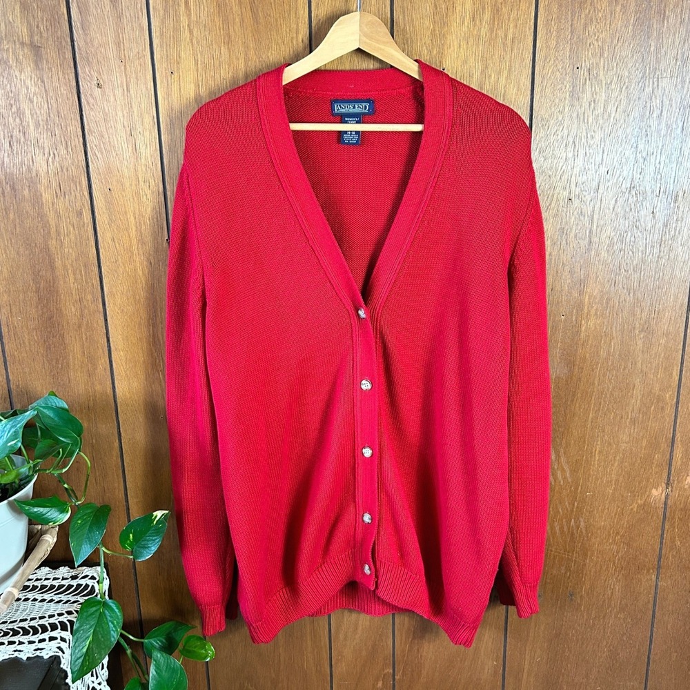 Vintage Lands End Red Cotton Knit V-Neck‎ Button Cardigan Sweater Made In USA